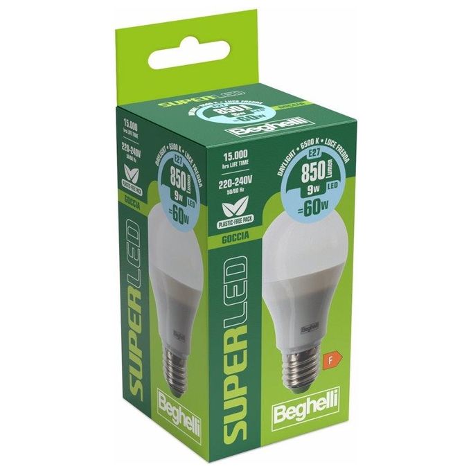Beghelli Lampadina Led Goccia 9W E27 6500k SuperLed Luce Fredda 850 Lumen