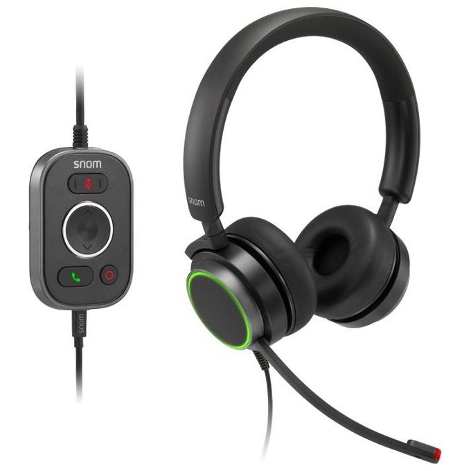 Snom A330D Over-Ear Cuffia, Cancellazione Passiva del Rumore, Cuffia Telefono VoIP, Cavo USB-RJ9-3.5 Jack con Controllo Chiamate, Morbida Pelle PU, Nero