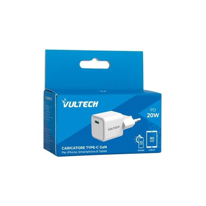 Vultech Caricatore Adattatore Universale 1 Porta Type-C PD 20 QC 3.0 20W Bianco