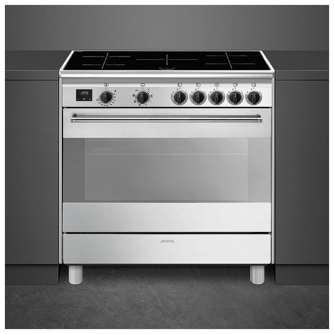 Smeg BG91IX2 Concerto – Cucina Elettrica a Induzione con forno Termo?ventilato, 90 cm, capacita' forno 115 L, Classe A, 5 zone con Booster, Vapor Clean, inox