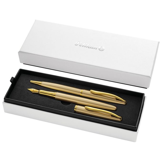 Pelikan Set Penna Sfera e Stilografica Jazz Noble Elegance in Metallo Gold Inchiostro Blu con Clip Elastica in Elegante Astuccio Regalo