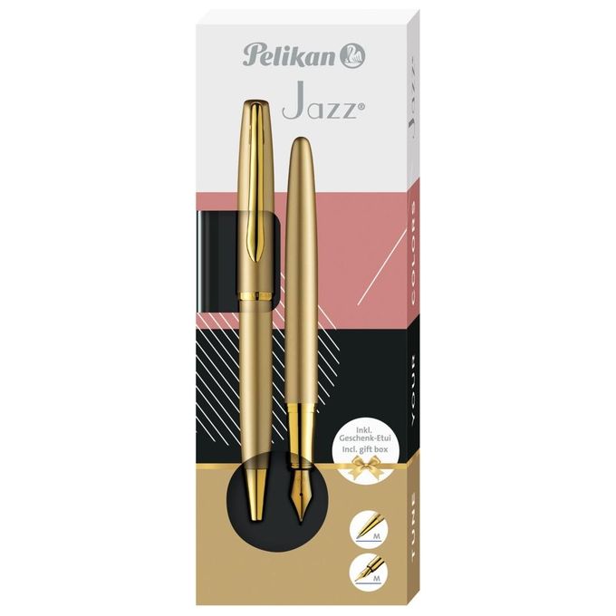 Pelikan Set Penna Sfera e Stilografica Jazz Noble Elegance in Metallo Gold Inchiostro Blu con Clip Elastica in Elegante Astuccio Regalo