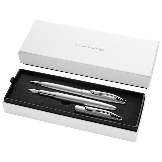 Pelikan Set Penna Sfera e Stilografica Jazz Noble Elegance in Metallo Silver Inchiostro Blu con Clip Elastica in Elegante Astuccio Regalo