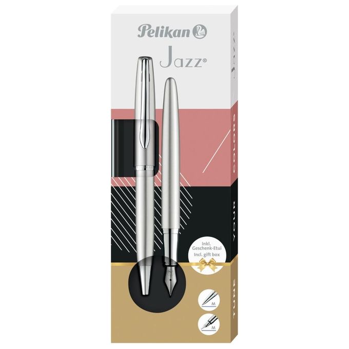 Pelikan Set Penna Sfera e Stilografica Jazz Noble Elegance in Metallo Silver Inchiostro Blu con Clip Elastica in Elegante Astuccio Regalo