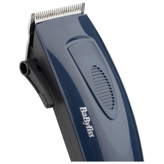 BaByliss E695E - Tagliacapelli con filo, 45 mm lame in acciaio, 8 lunghezze preimpostate (3-25 mm), leva regolazione taglio, velocita' singola, alimentazione AC (rete), 12 accessori (pettini, olio, spazzola, custodia), Blu