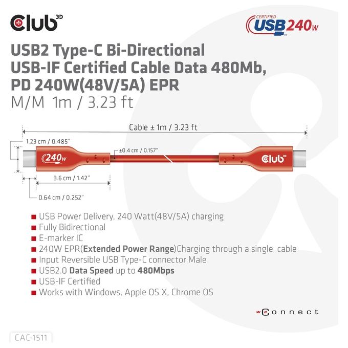 CLUB3D CAC-1511 Cavo USB 1mt USB 2.0 USB C Arancione