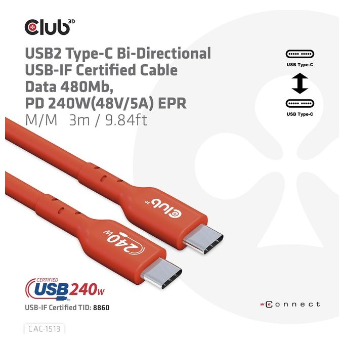 Club3d Cac-1513 Cavo Usb 3mt Usb 2.0 Usb C Arancione