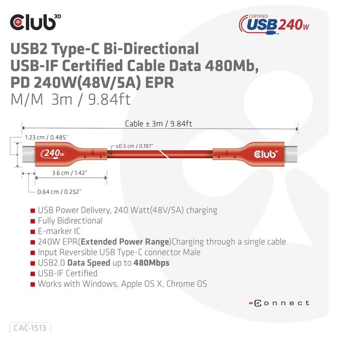 Club3d Cac-1513 Cavo Usb 3mt Usb 2.0 Usb C Arancione