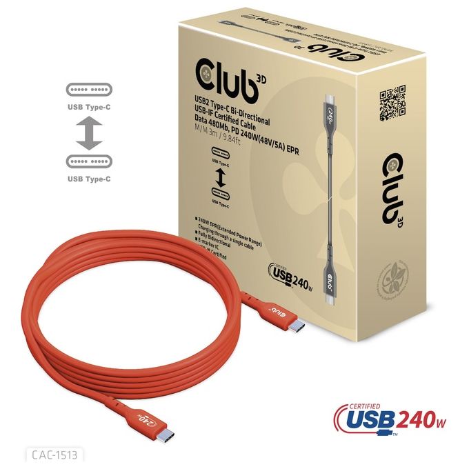 Club3d Cac-1513 Cavo Usb 3mt Usb 2.0 Usb C Arancione