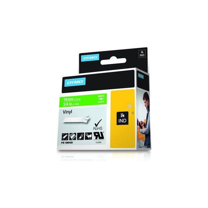 Dymo Rhino 19mmx5.5mt Vinile Bianco su Verde