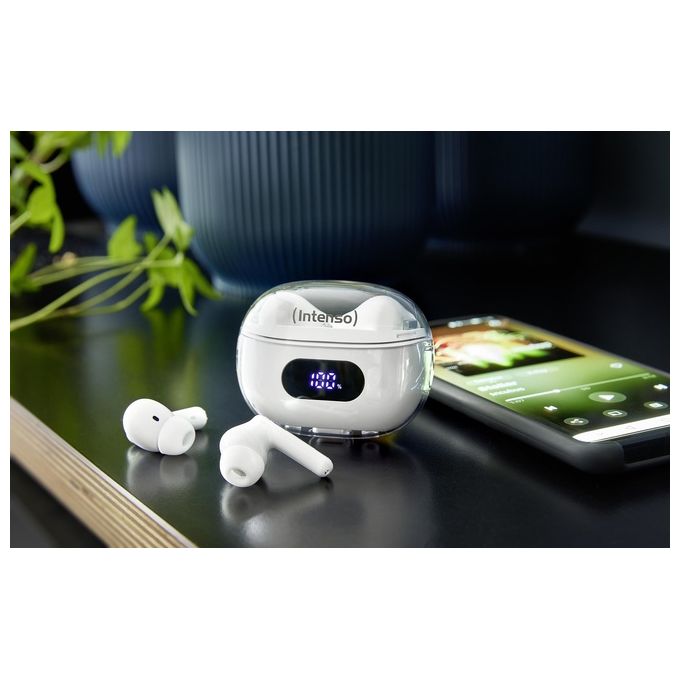 Intenso Buds Plus Cuffie TWS True Wireless T312AE con Cancellazione Attiva del Rumore ENC Bluetooth e fino a 25 Ore di Riproduzione Musicale Bianco