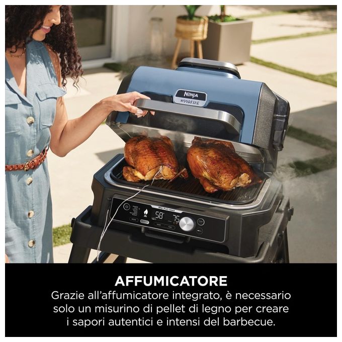 Ninja OG901EU Woodfire Pro Connect XL Barbecue Elettrico Griglia Affumicatore Friggitrice ad Aria 7 in 1 Controllo con App Termometro Digitale Pellet Woodfire Resistente alle Intemperie Nero