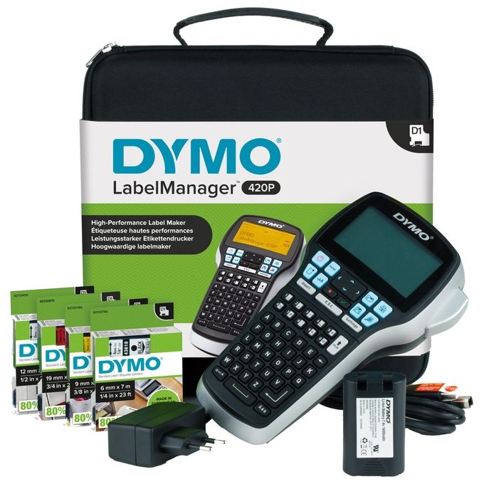 Dymo LabelManager 420P Kit Etichettatrice Portatile Ricaricabile con Tastiera ABC con Custodia e 4 Nastri per Etichette D1