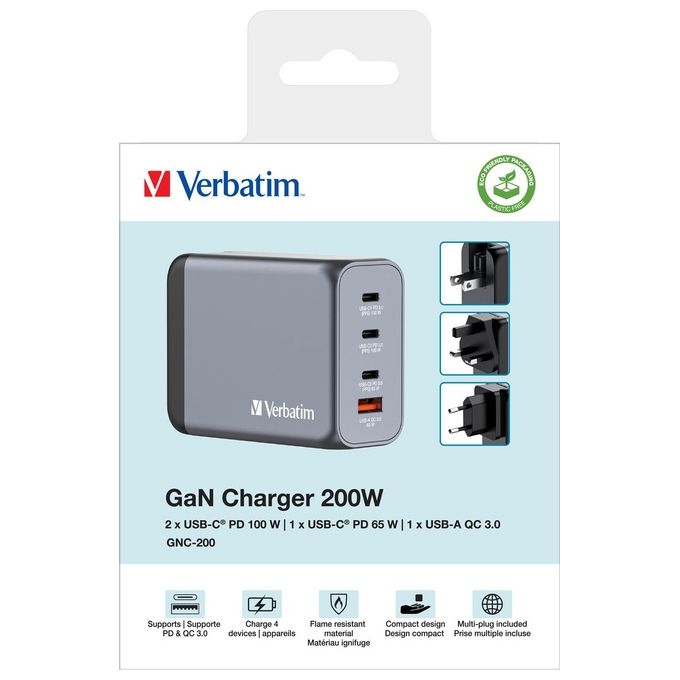 Verbatim Gnc-200 Universale 200W Nero-Grigio Ac Ricarica Rapida Interno