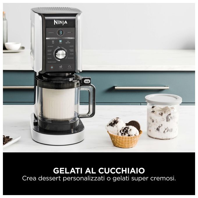 Ninja CREAMi Deluxe NC501EU - Gelatiera turbina elettrica con compressore, capacita' 2,1 L, potenza 800 W, 3 vaschette da 709 ml, 10 programmi (gelato, sorbetto, frappé…), funzione CREAMify, timer digitale, pezzi lavabili in lavastoviglie, Nero-Grigio
