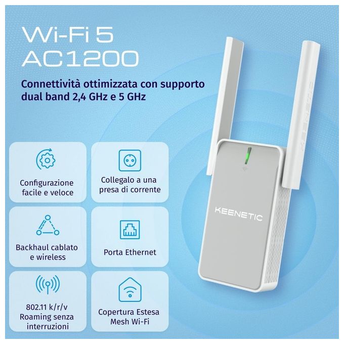 Keenetic Buddy 5 AC1200 Mesh Wi-Fi 5 Range Extender con Porta Ethernet