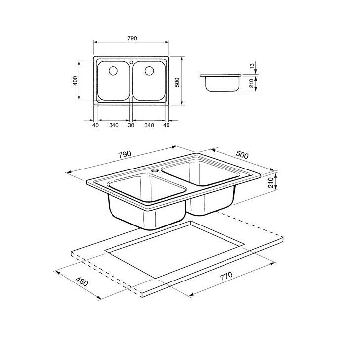 Smeg SP792-2 Alba Lavello saldato Acciao Inox AISI304 Spazzolato da Incasso 2 Vasche Acciaio Inox 79x50cm SP792-2