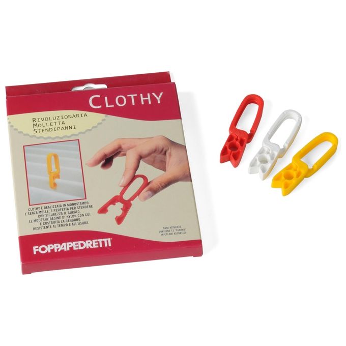 Foppapedretti Clothy Pegs – Set da 12 mollette stendipanni in nylon monoblocco, 10×20×70 mm, compatibile per uso indoor-outdoor, confezione rosso-bianco-giallo, senza molla