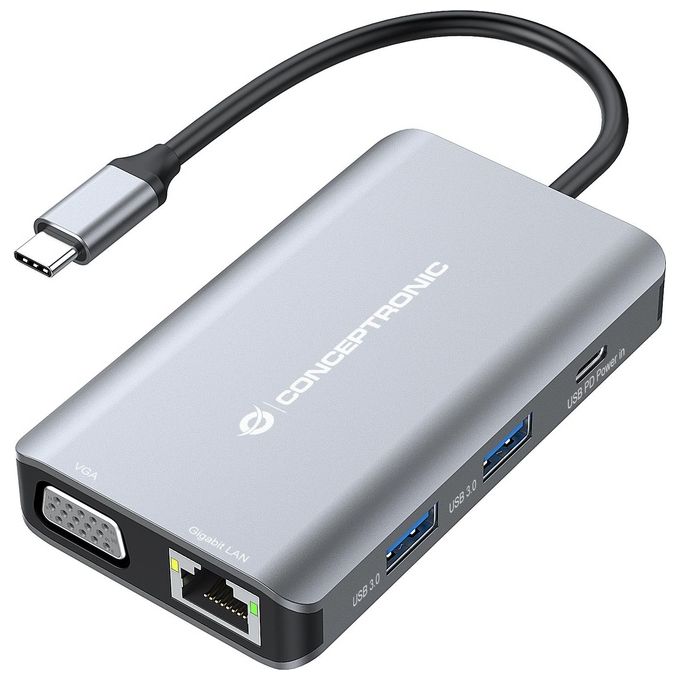 Conceptronic DONN21G Replicatore di Porte e Docking Station per Laptop Cablato USB 3.2 Gen 1 Type-C Grigio