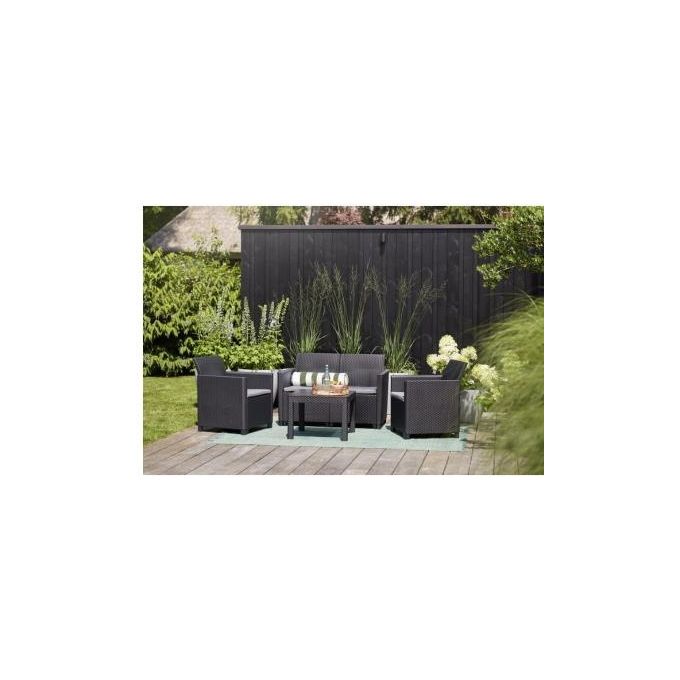 Keter Salottino Marie Lounge Set con Cuscini, Poltrone 65x63x74h Divano 113x65x74h Tavolino 58,5x58,5x43h Grafite