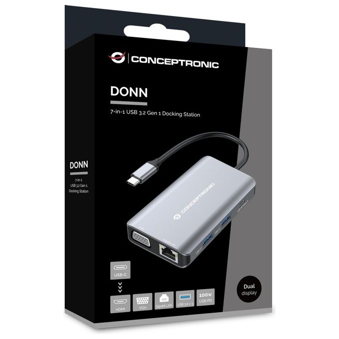 Conceptronic DONN21G Replicatore di Porte e Docking Station per Laptop Cablato USB 3.2 Gen 1 Type-C Grigio