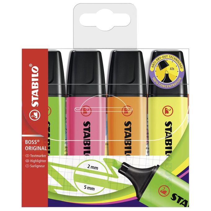 Evidenziatore - STABILO BOSS ORIGINAL - Astuccio da 4 - Colori assortiti