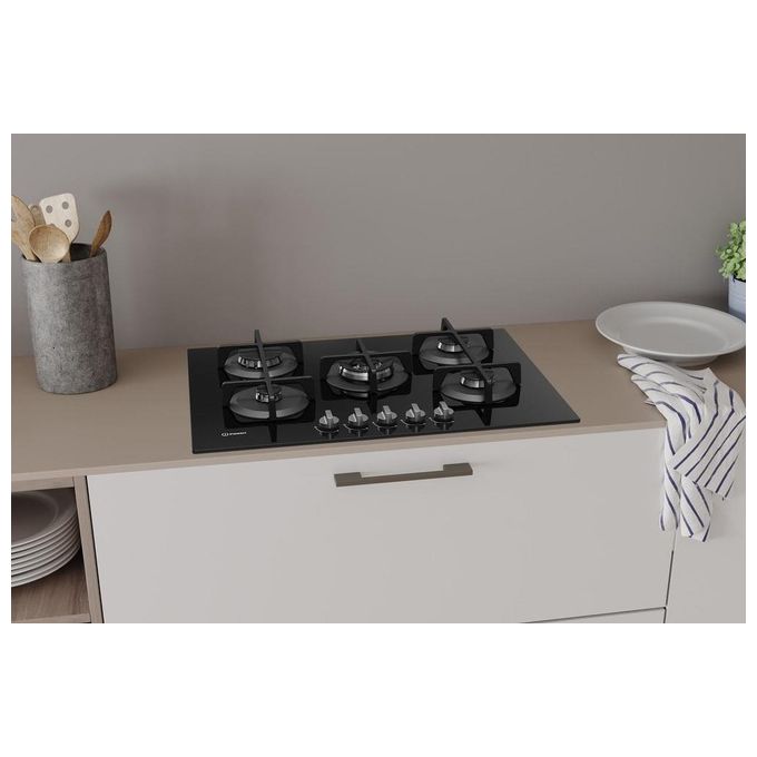 Indesit ING 72T-BK Linea Glass Piano Cottura a Gas 5 Zone 1 High Power Flame Griglie in Ghisa 73 cm Nero