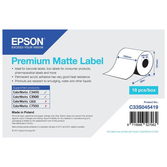 Epson Rotolo etichette, Carta normale, 102 mm