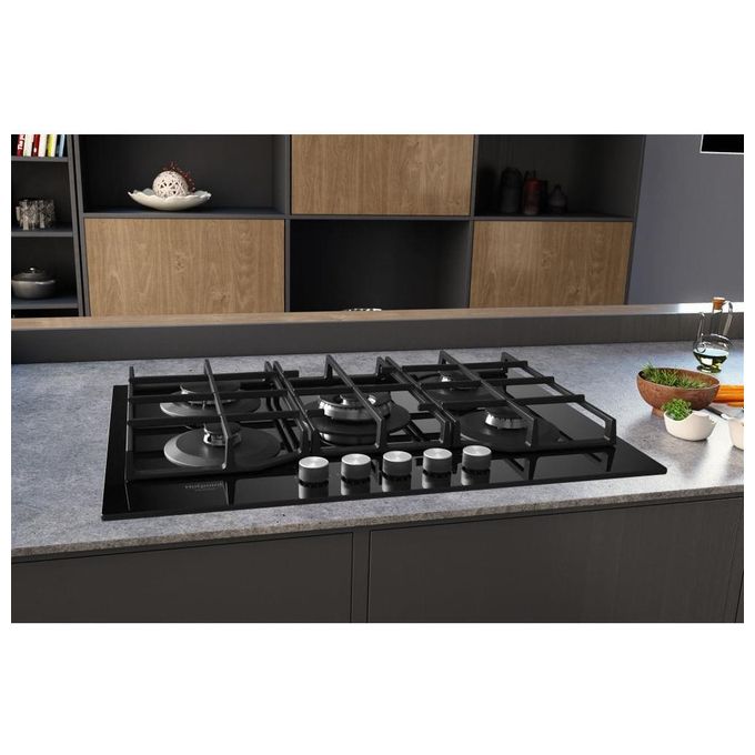 Hotpoint HAGS 72F-BK Serie Cristallo Nero Piano Cottura a Gas 5 Zone 1 Doppia Corona MyMenu Flame Control Griglie in ghisa 73 cm Nero