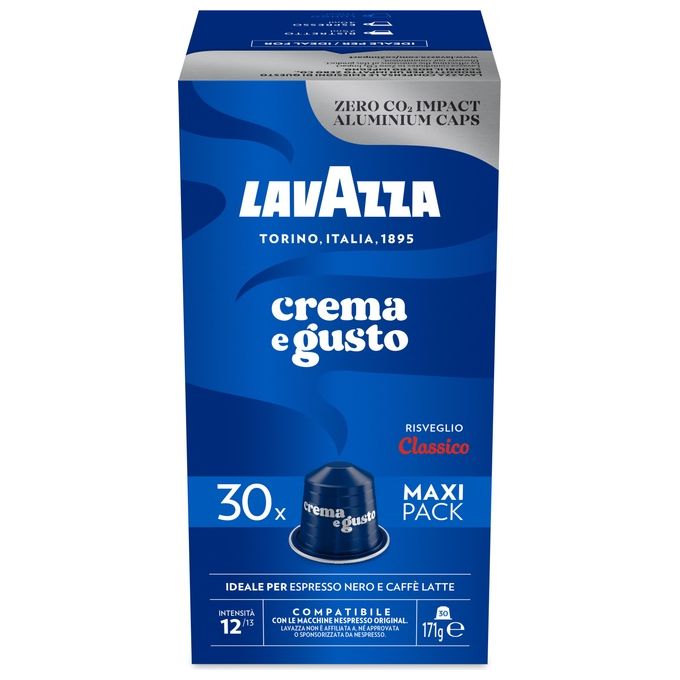 Lavazza Crema e Gusto Classico - Capsule compatibili Nespresso, miscela di Arabica e Robusta intensita' 12-13, gusto pieno con note di cioccolato, confezione da 30 capsule in alluminio monodose, confezionate in atmosfera protettiva, capsule riciclabili, c