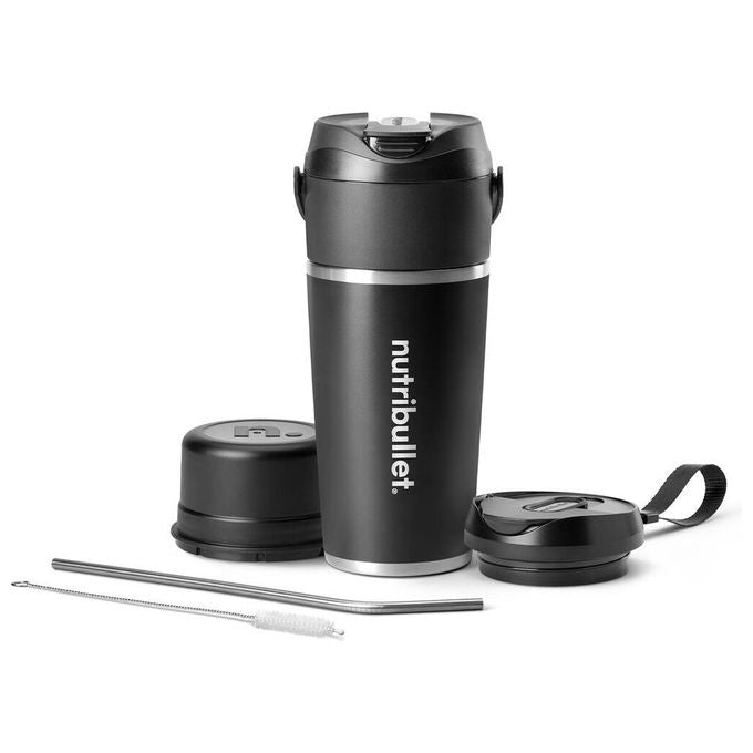 Nutribullet NBP016B Flip Frullatore Portatile con Tazza Isolante 590ml Inclusi Coperchio e Cannuccia Ricarica USB Inox Nero