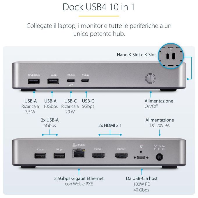 StarTech.com Docking Station Usb4 Usb-c 40gbps Doppio Video Hdmi Fino a 2x 4k 60hz 4:4:4 (rgb) O 2x 4k 120hz 4:2:2 Dock Multi Monitor 6x Usb 2.5gbe 100W Pd