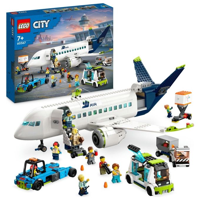 LEGO City 60367 Aereo Passeggeri, Modellino di Aeroplano Giocattolo da Costruire con 9 Minifigure e Veicoli dell'Aeroporto