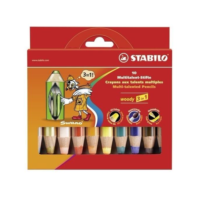 Matita colorata Multi-Funzione - STABILO woody 3 in 1 - Astuccio da 10 - con Temperino - Colori assortiti