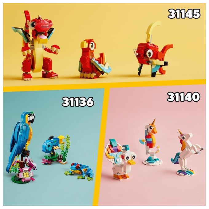 LEGO Creator 31145 3in1 Drago Rosso, Giochi per Bambini di 6+ Anni, Action Figure Ricostruibile in Pesce e Fenice Giocattolo