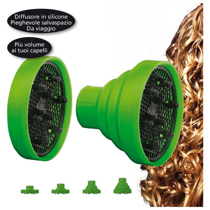 MACOM 210 Flexy Diffusore - Accessorio diffusore pieghevole universale in silicone, diametro 13,6 cm, vano integrato per trattamento, compatibile con la maggior parte dei phon, 143 g, colori assortiti