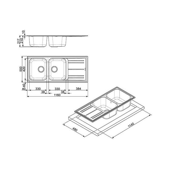 SMEG LZ116AV Rigae Lavello Sintetico da incasso Gocciolatoio Reversibile 2 Vasche Avena 116x50cm LZ116AV