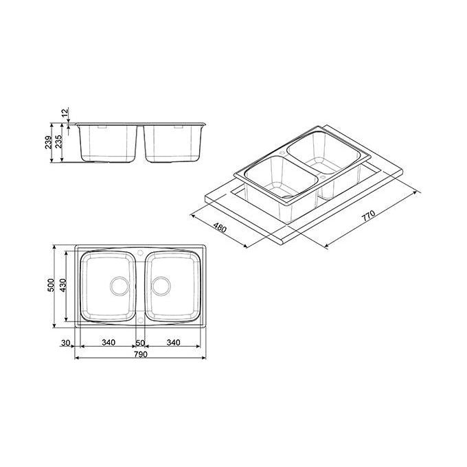 SMEG LZ792A Rigae Lavello Sintetico da incasso Antibatterico Antigraffio 2 Vasche Antracite 79x50cm LZ792A
