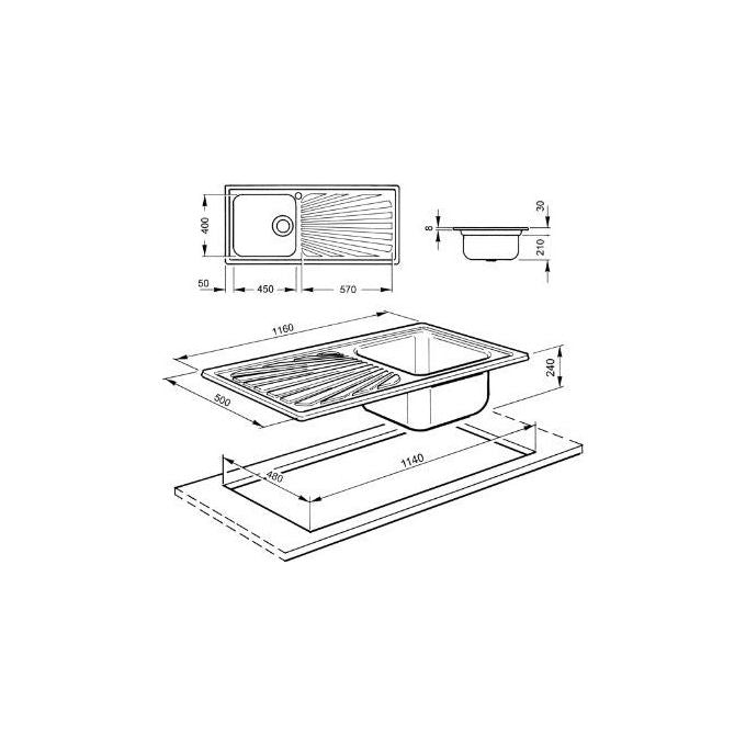 Smeg SGE116.1S Lavello da Incasso Standard Estetica Universale 1 Vasca + Gocciolatoio Sinistro 116 cm Acciao Inox