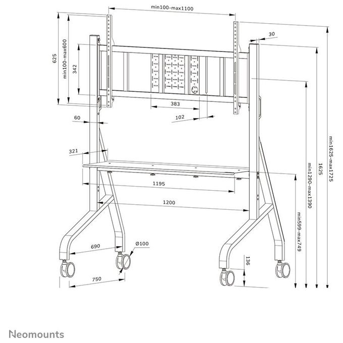 Neomounts FL50-575BL1 Carrello TV per schermi 65-115 pollici portatile con regolazione manuale altezza 10 cm e capacita' 125 Kg colore Nero