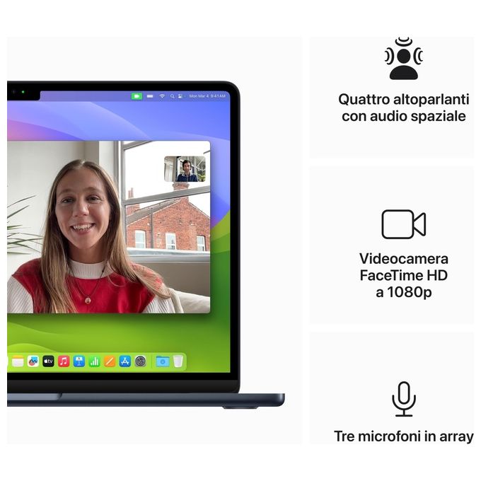 Apple MacBook Air 13'' con Chip M3 8Gb Archiviazione SSD 256Gb Videocamera FaceTime HD 1080p Touch ID 13.6'' Mezzanotte