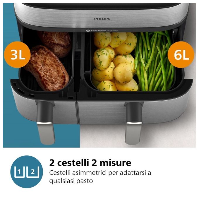 [ComeNuovo] Philips Airfryer Serie 5000 Friggitrice ad aria con doppio cestello 9.0 Litri e cottura a vapore
