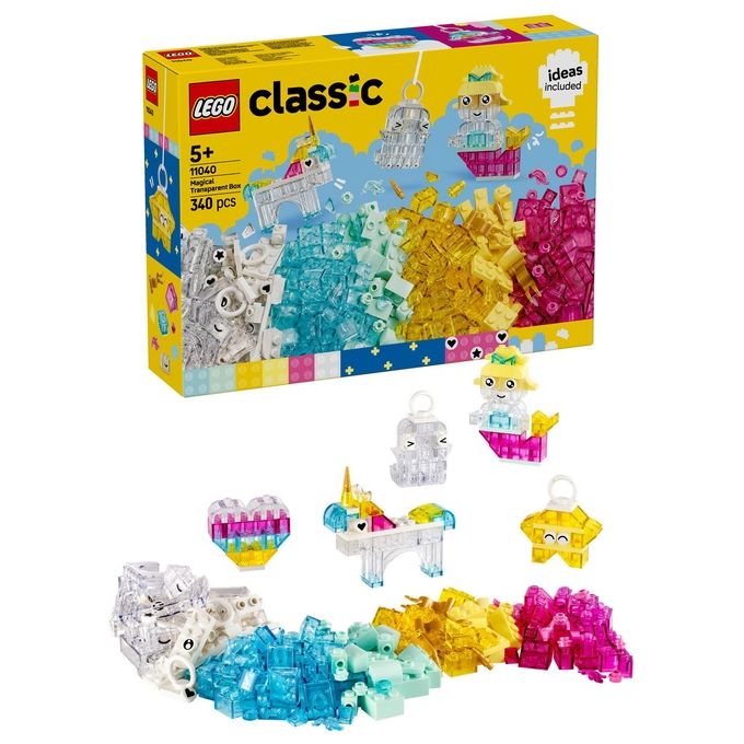 LEGO Classic Scatola Magica Trasparente - Mattoncini Colorati e Clip Portachiavi - Crea Unicorni Giocattolo Draghi Uccelli e altre Figure Kit Arti e Mestieri per Bambine e Bambini da 5 Anni - 11040