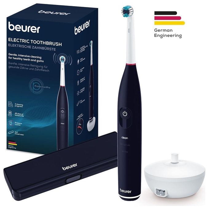 Beurer TB 50 - Spazzolino elettrico oscillante-rotante 3D, 3 modalita' di pulizia (Clean, Sensitive, White), timer da 2 min, autonomia 45 giorni, ricaricabile con base induttiva + cavo USB, testine incluse (Clean + Sensitive), sensore di pressione, displa
