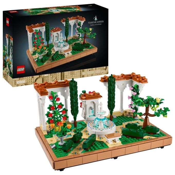 LEGO Icons 10359 - Giardino con Fontana, Set da Costruzione Decorativo 1302 Pezzi, Fontana a 2 Livelli, Pergolati Fioriti, Moduli Personalizzabili, Eta' 18+