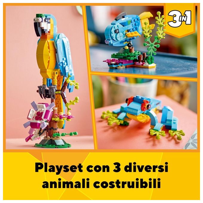 LEGO Creator 31136 Pappagallo Esotico 31136-LEGO Set 3 in 1 con Pesce e Rana Animali Giocattolo Giochi Creativi per Bambini da 7 Anni