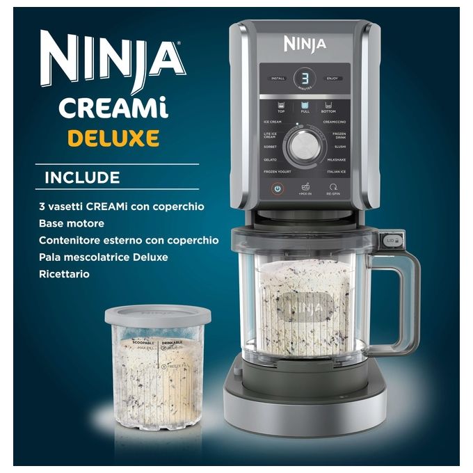 Ninja CREAMi Deluxe NC501EU - Gelatiera turbina elettrica con compressore, capacita' 2,1 L, potenza 800 W, 3 vaschette da 709 ml, 10 programmi (gelato, sorbetto, frappé…), funzione CREAMify, timer digitale, pezzi lavabili in lavastoviglie, Nero-Grigio