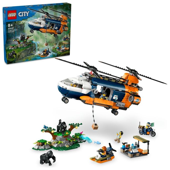 LEGO City Elicottero dell'Esploratore nella Giungla Modellino di Veicolo Giocattolo da Costruire con Doppi Rotori Giochi per Bambini da 8 Anni con Campo Base 3 Animali Gorilla e 5 Minifigure 60437