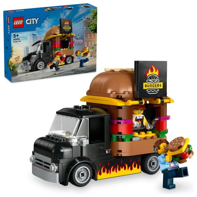 LEGO City 60404 Furgone degli Hamburger Giocattolo, Veicolo per Bambini 5+ Anni, Camion Food Truck con Accessori e 2 Minifigure