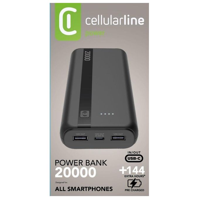 Cellular Line Power Bank 20000 mAh Input USB-C 10.5W Output 2xUSB 12W Li-ion LED luminosi indicano carica residua Nero